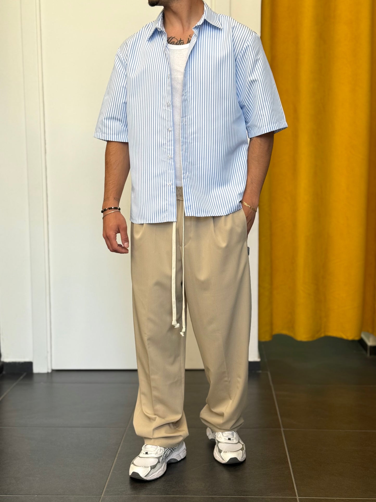 CAMICIA Manica Corta RIGHE Celeste