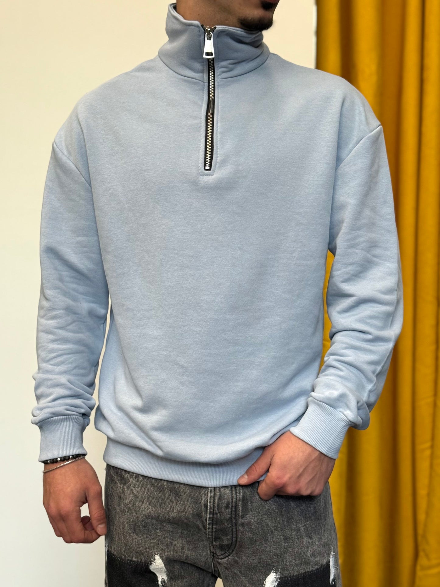 FELPA MIDDLE ZIP Cotone Garzato CELESTE