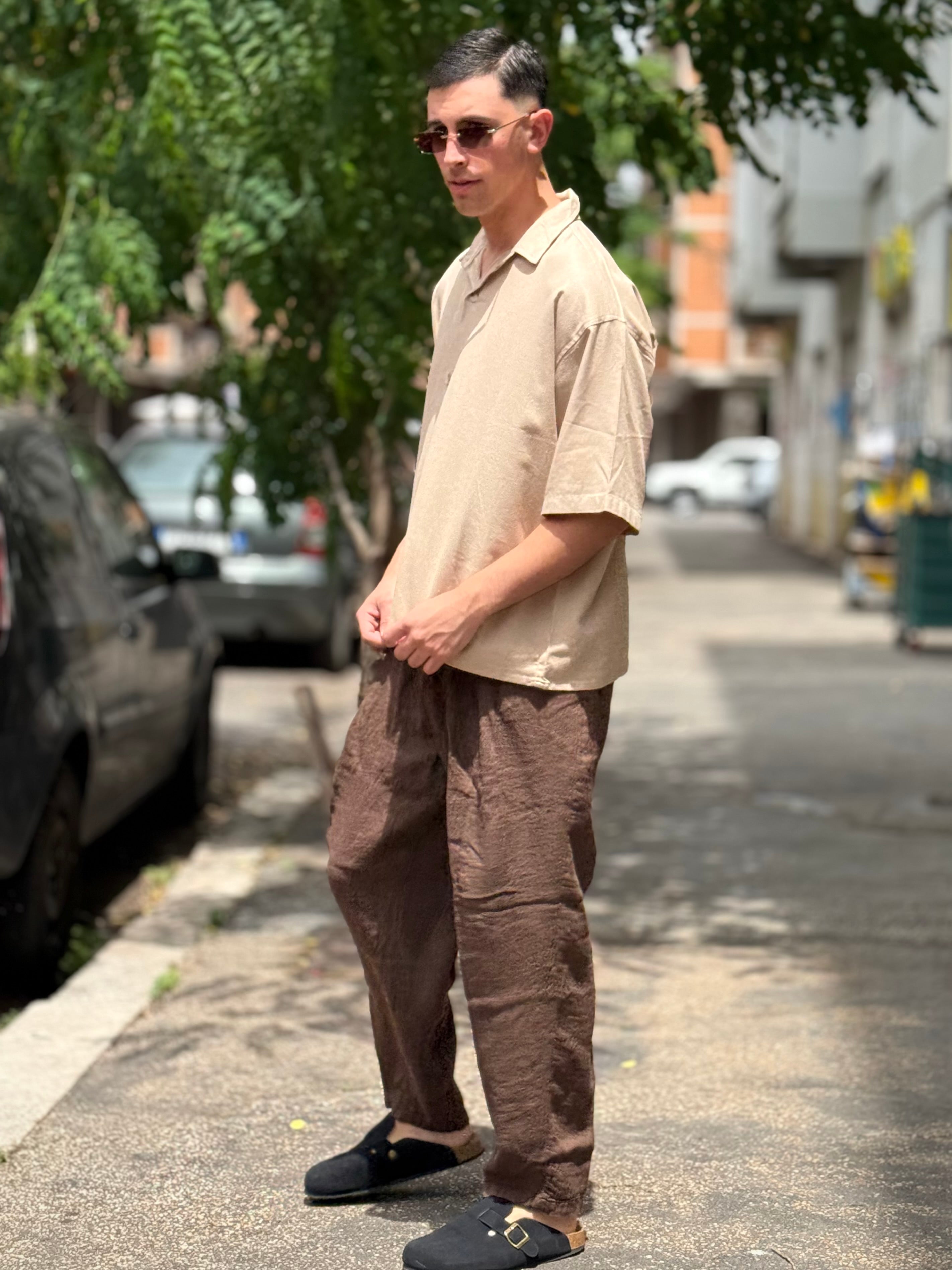 PANTALONE Lino Over MARRONE
