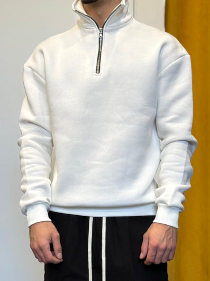 FELPA Mezza Zip Cotone Felpato BIANCO