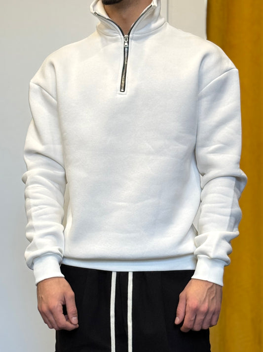 FELPA Mezza Zip Cotone Felpato BIANCO