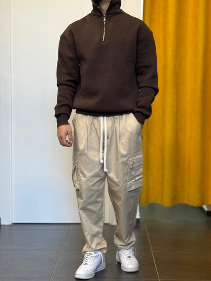 FELPA Mezza Zip Cotone Felpato MARRONE