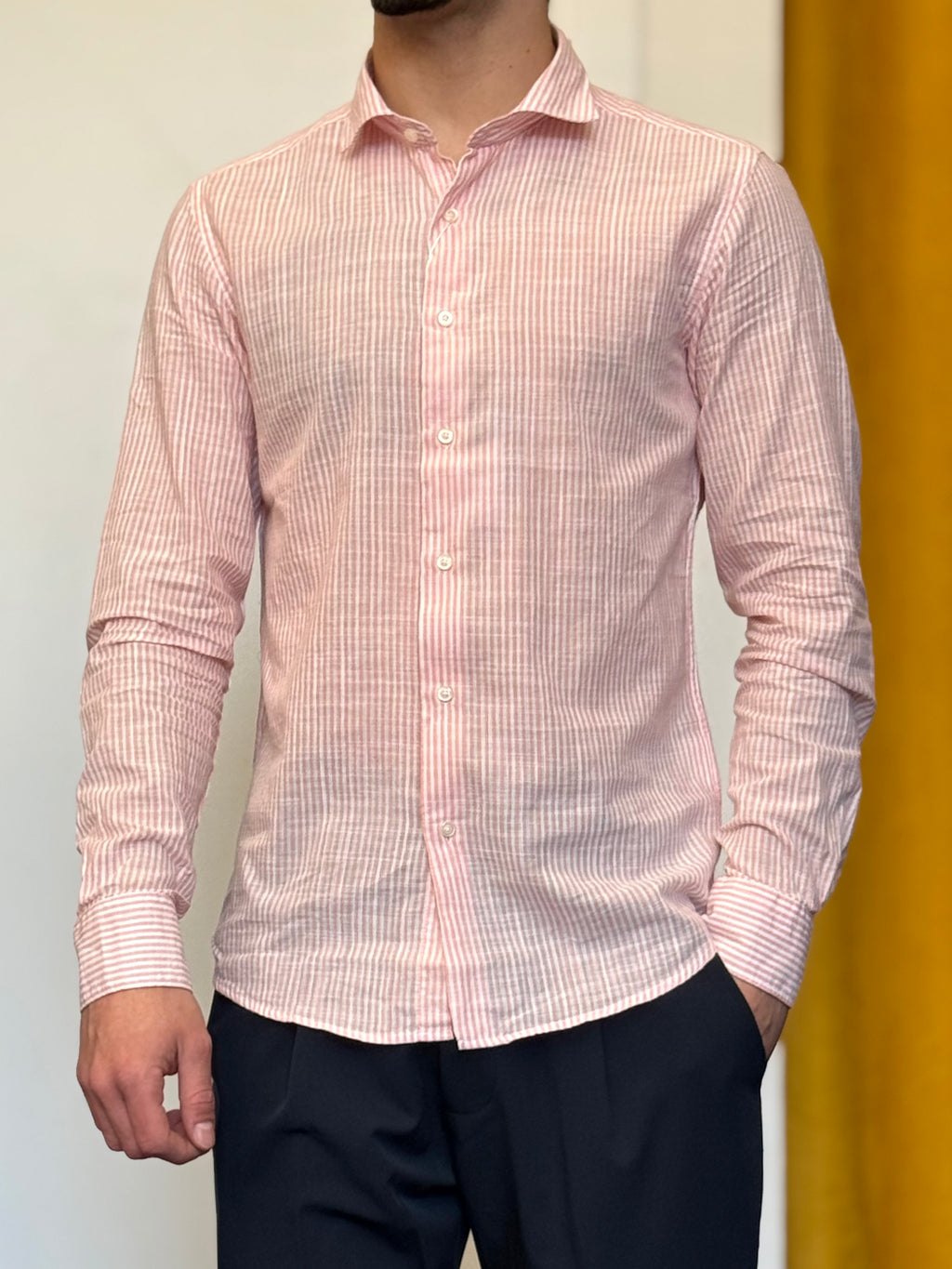 CAMICIA Lino Righe ROSA ANTICO