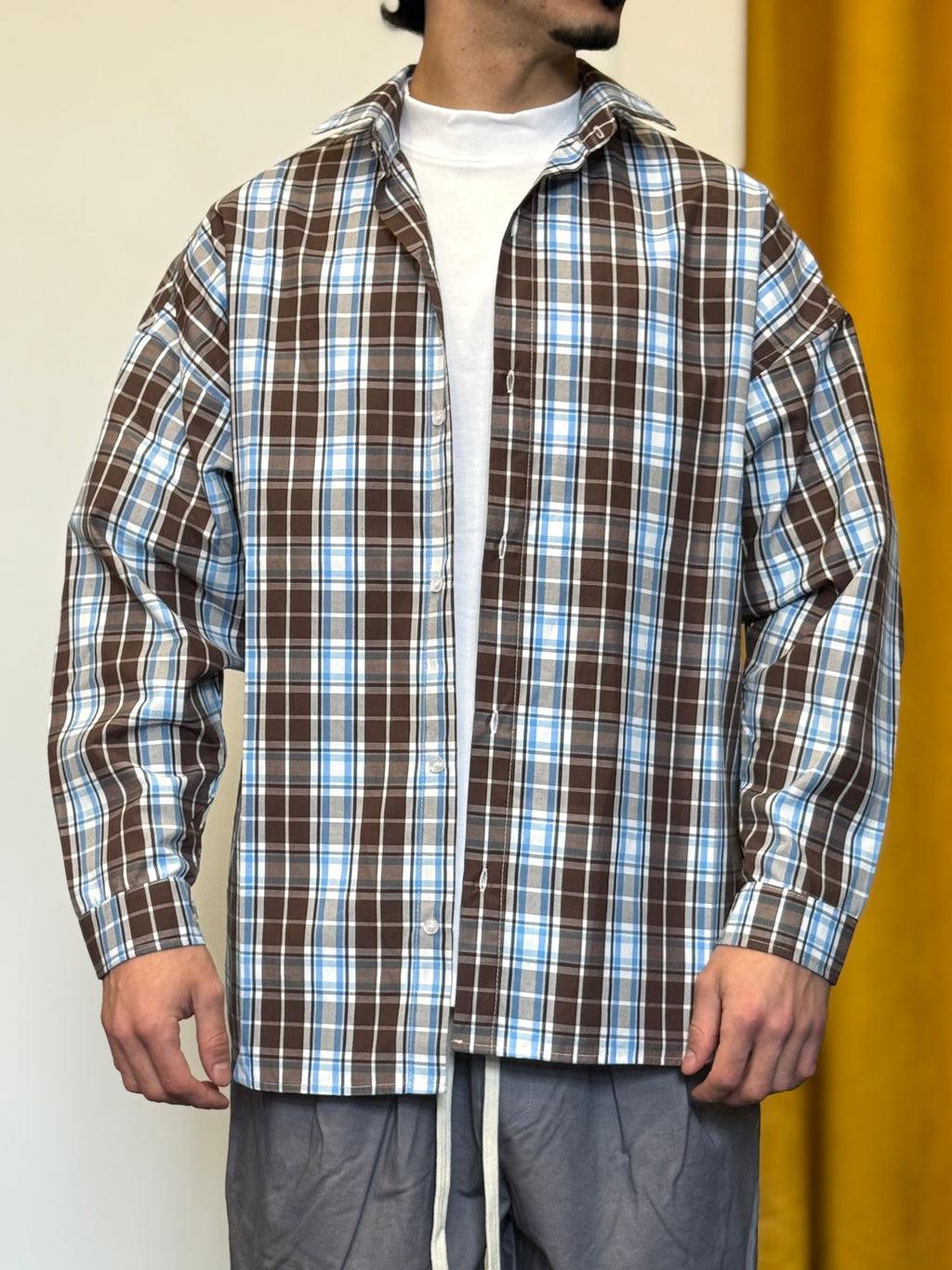 CAMICIA A Quadri OVERSIZE CELESTE/MARRONE