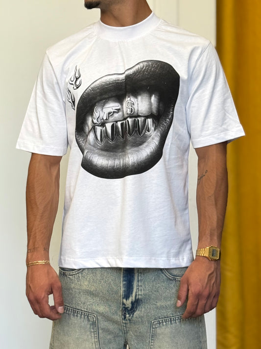 T-SHIRT OVER Dollar Mouth - Bianco