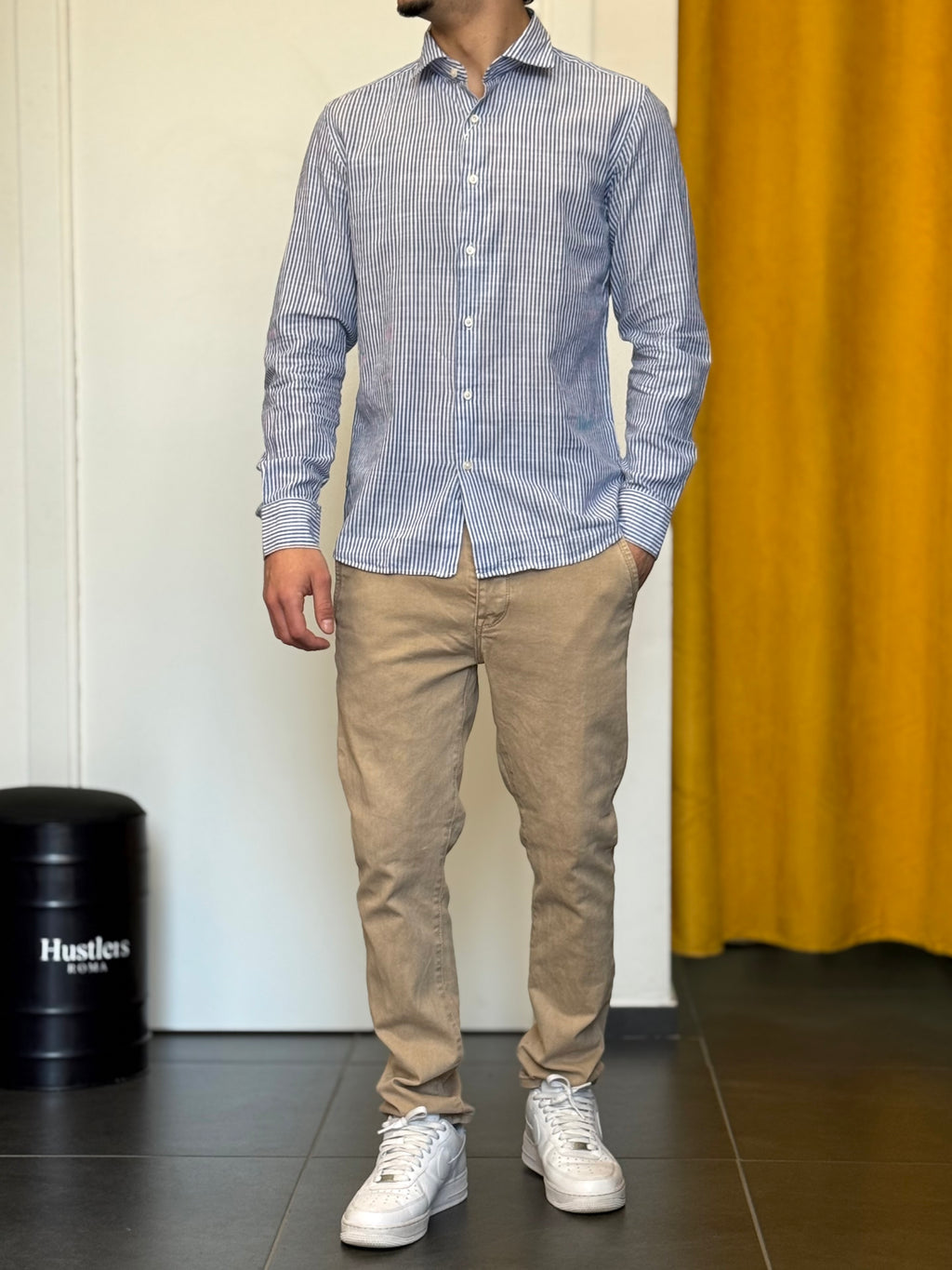 CAMICIA Lino Righe BLU