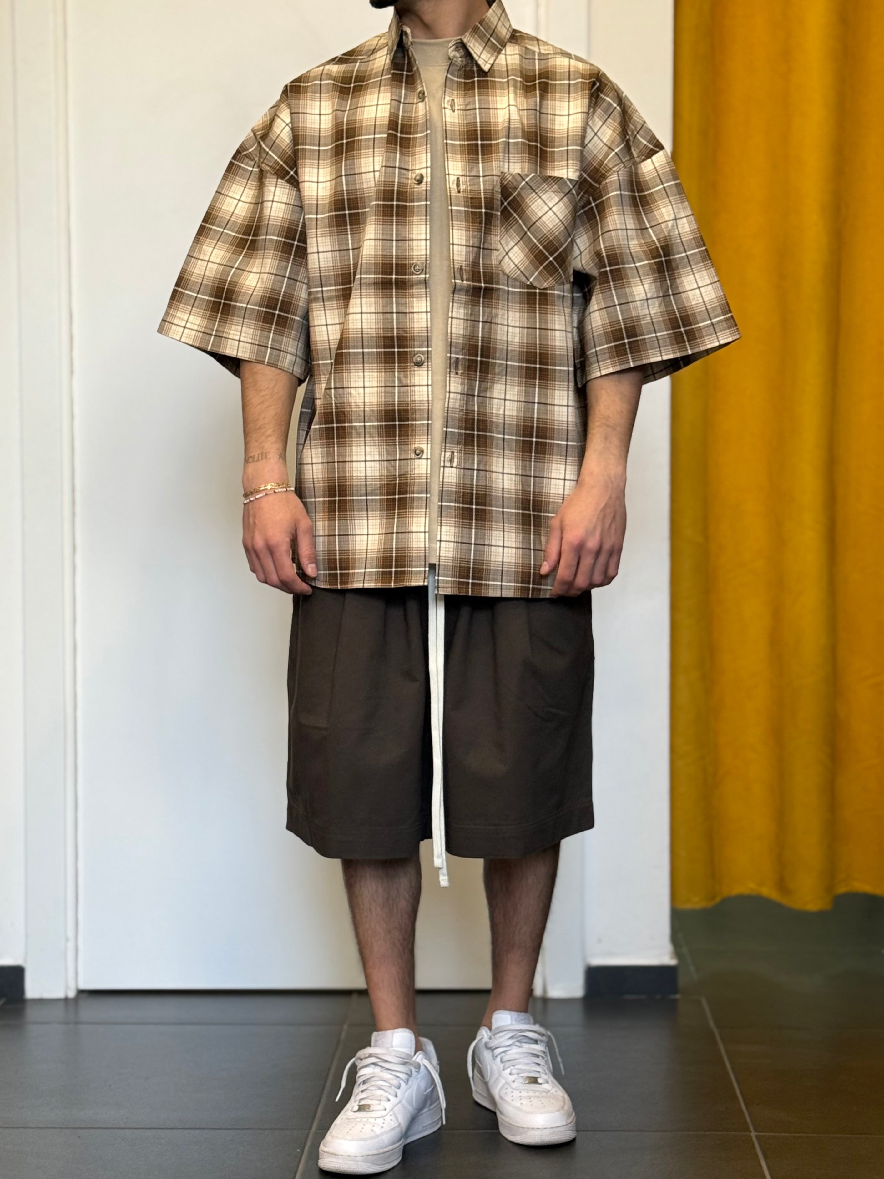 CAMICIA QUADRI Maniche Corte BEIGE/MARRONE