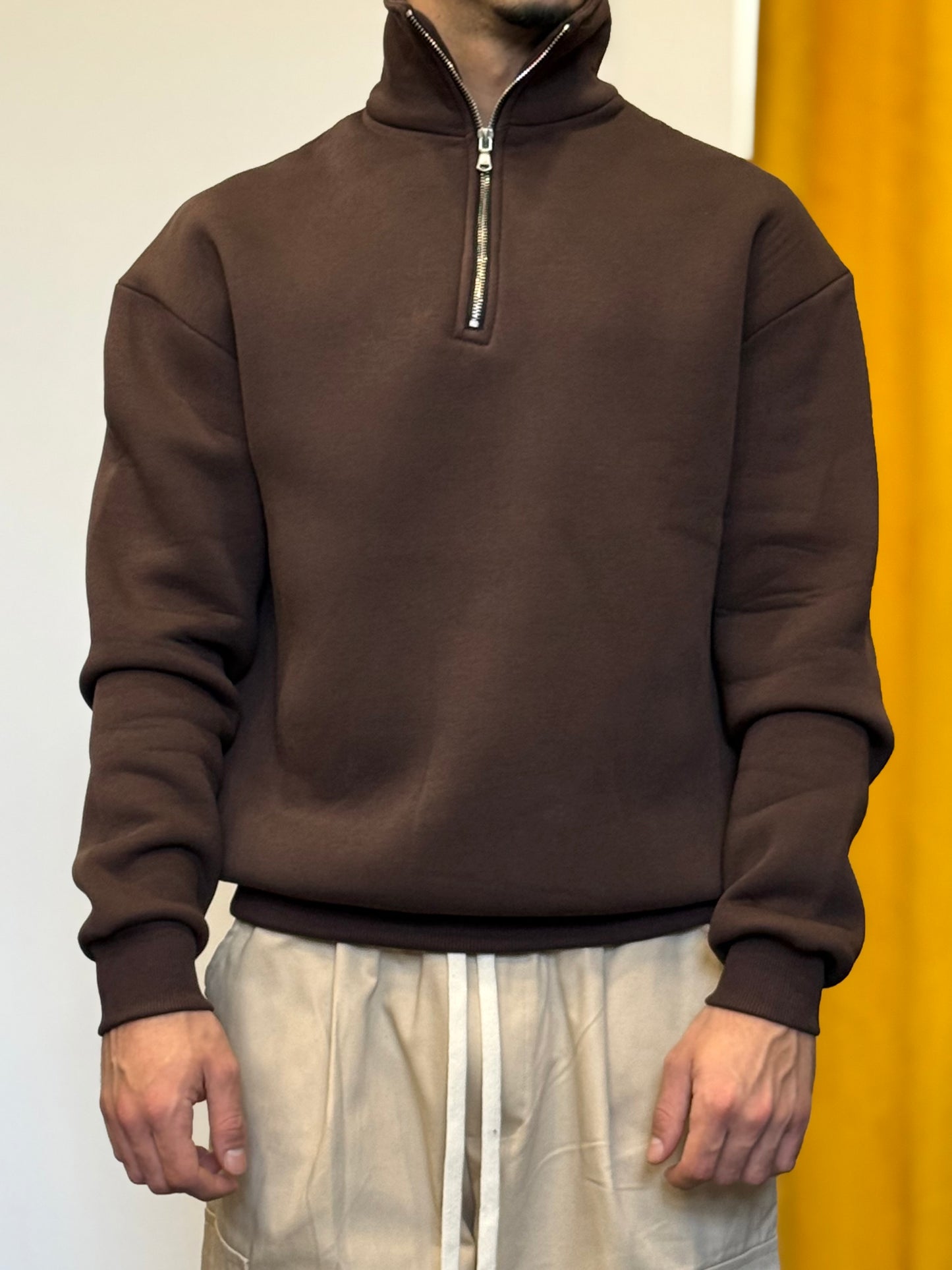 FELPA Mezza Zip Cotone Felpato MARRONE