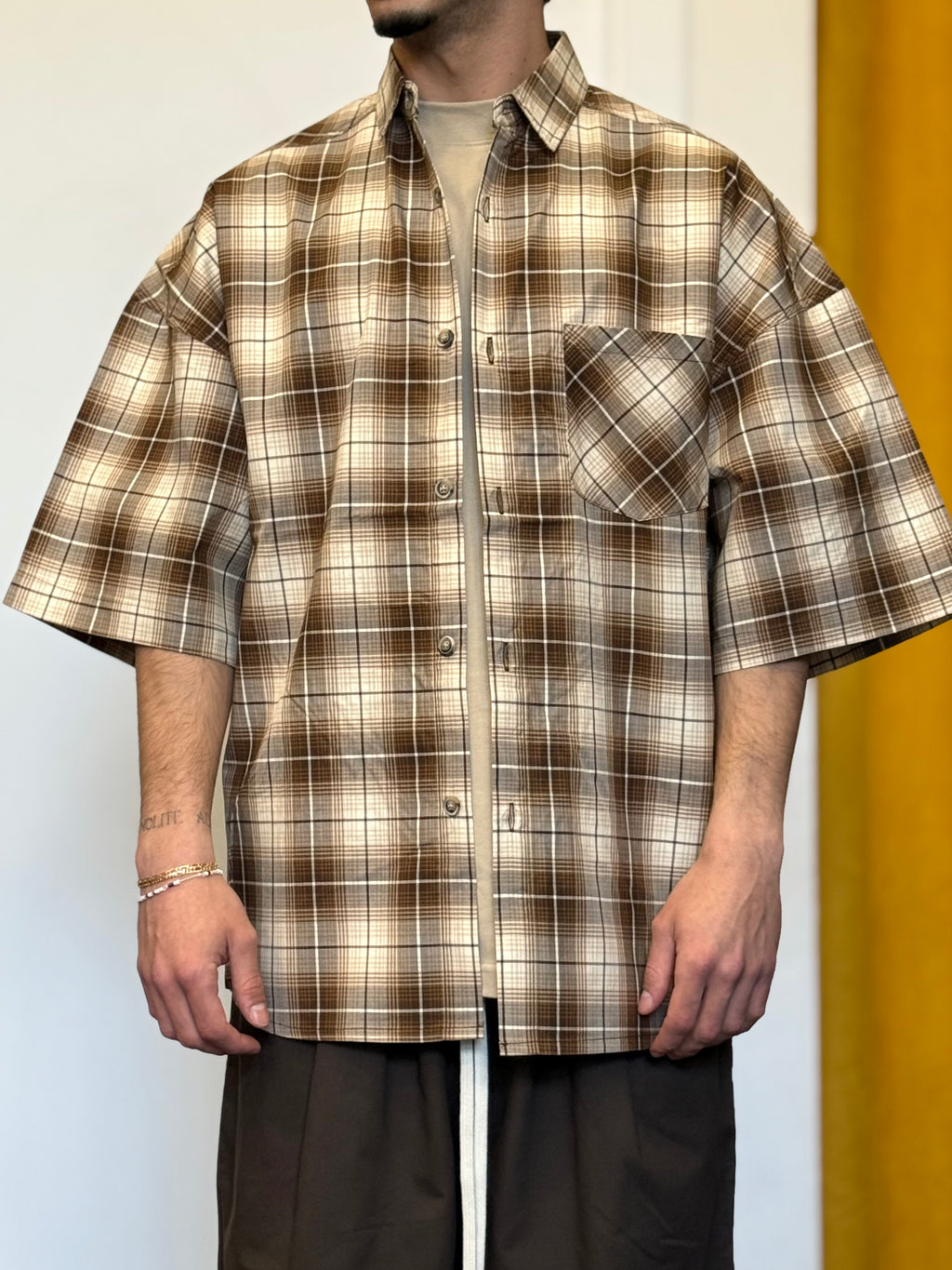 CAMICIA QUADRI Maniche Corte BEIGE/MARRONE