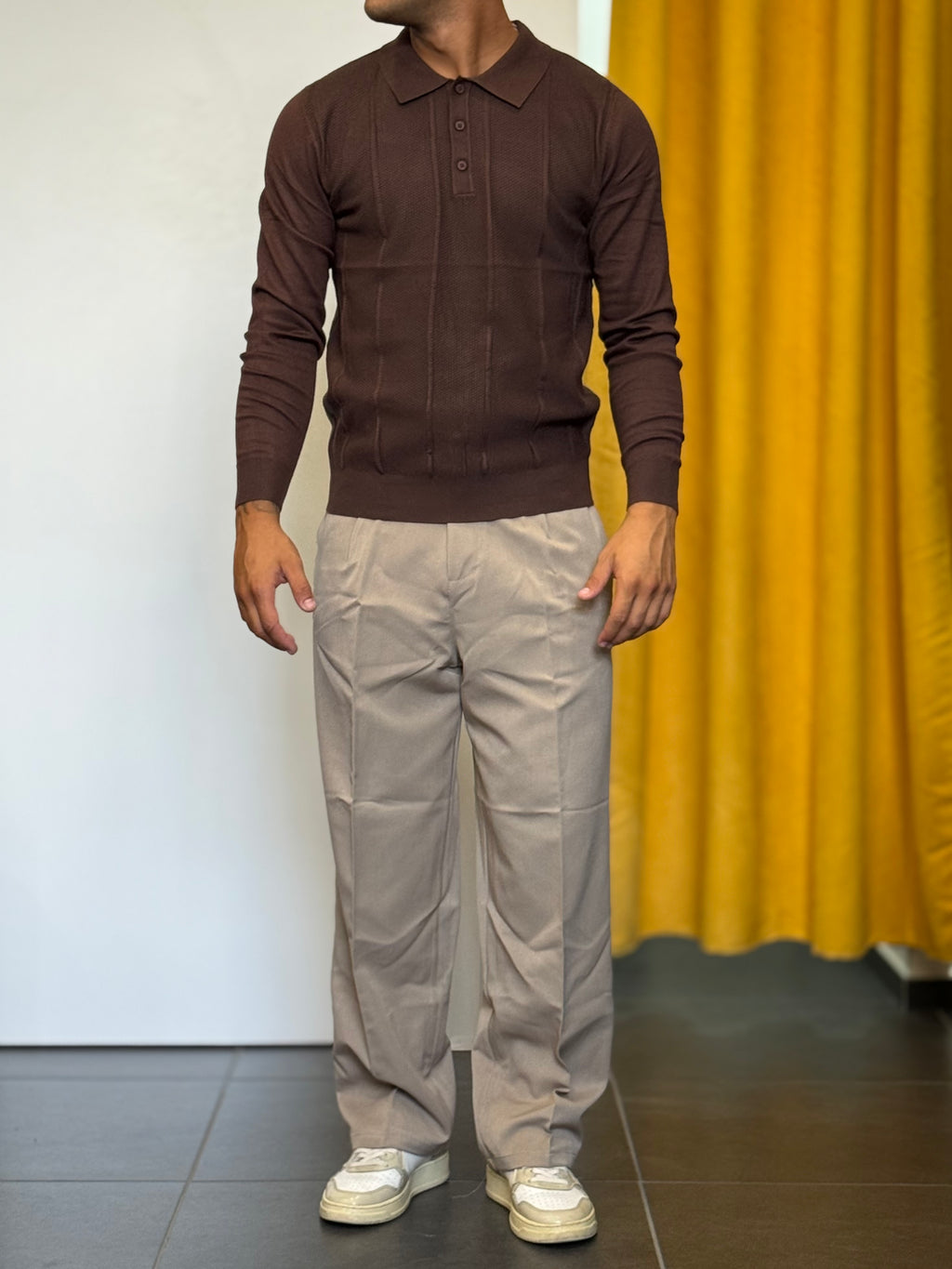 POLO Maniche Lunghe Slim Fit Strutturata MARRONE