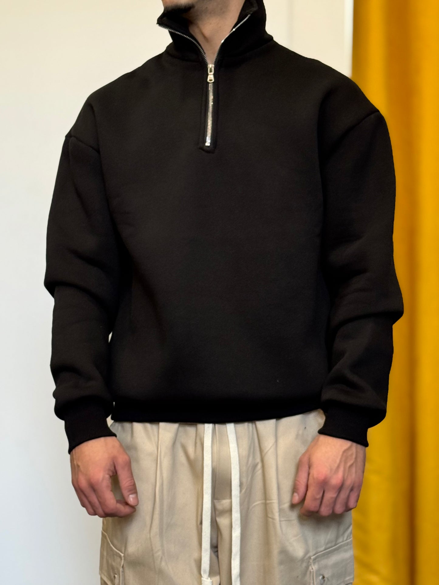 FELPA Mezza Zip Cotone Felpato NERO