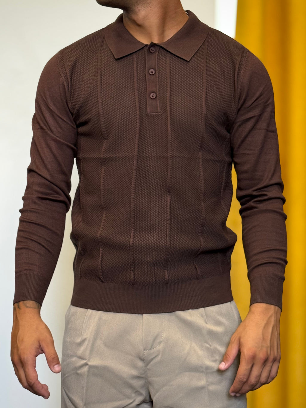 POLO Maniche Lunghe Slim Fit Strutturata MARRONE