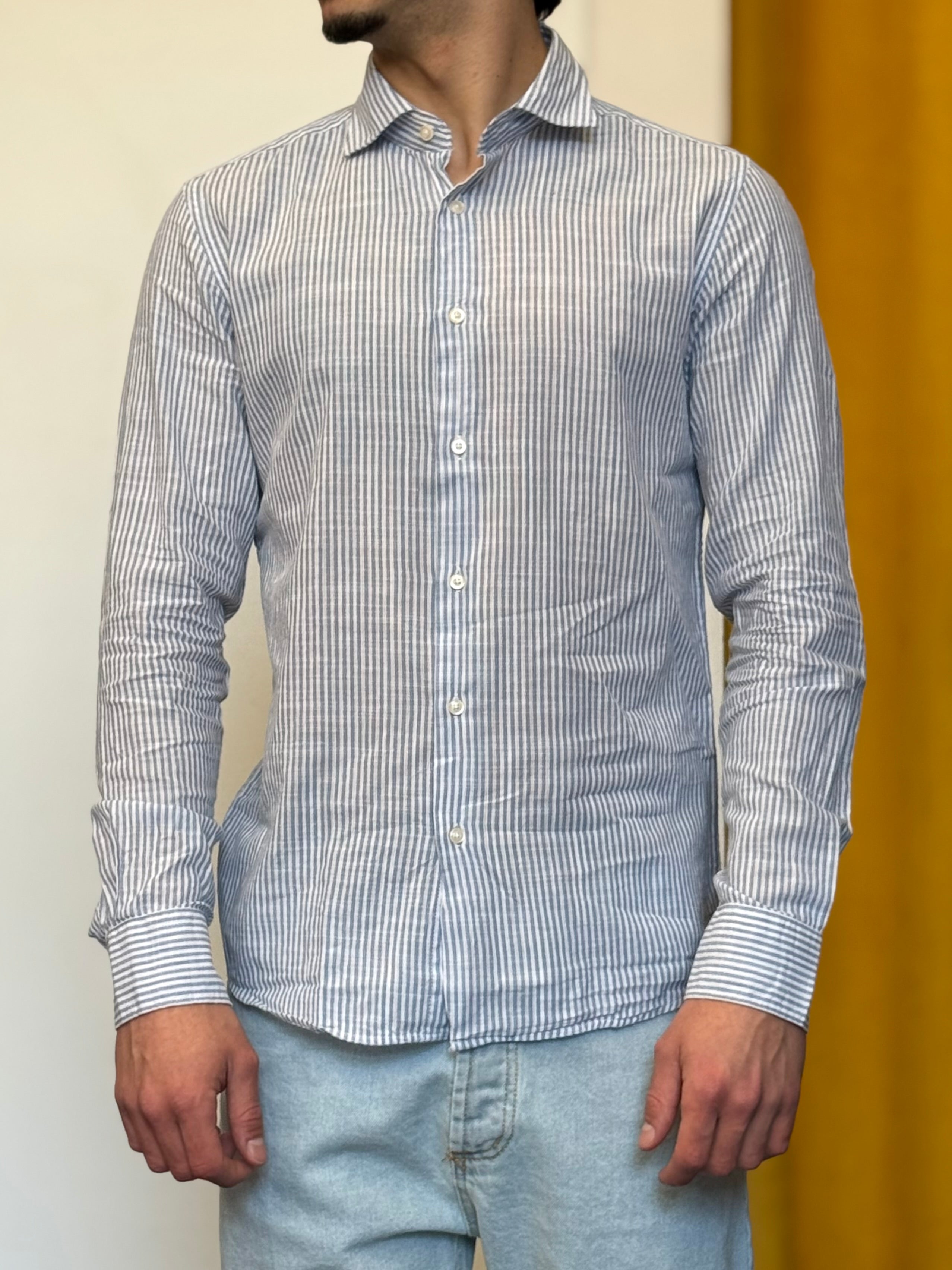 CAMICIA Lino Righe AZZURRO