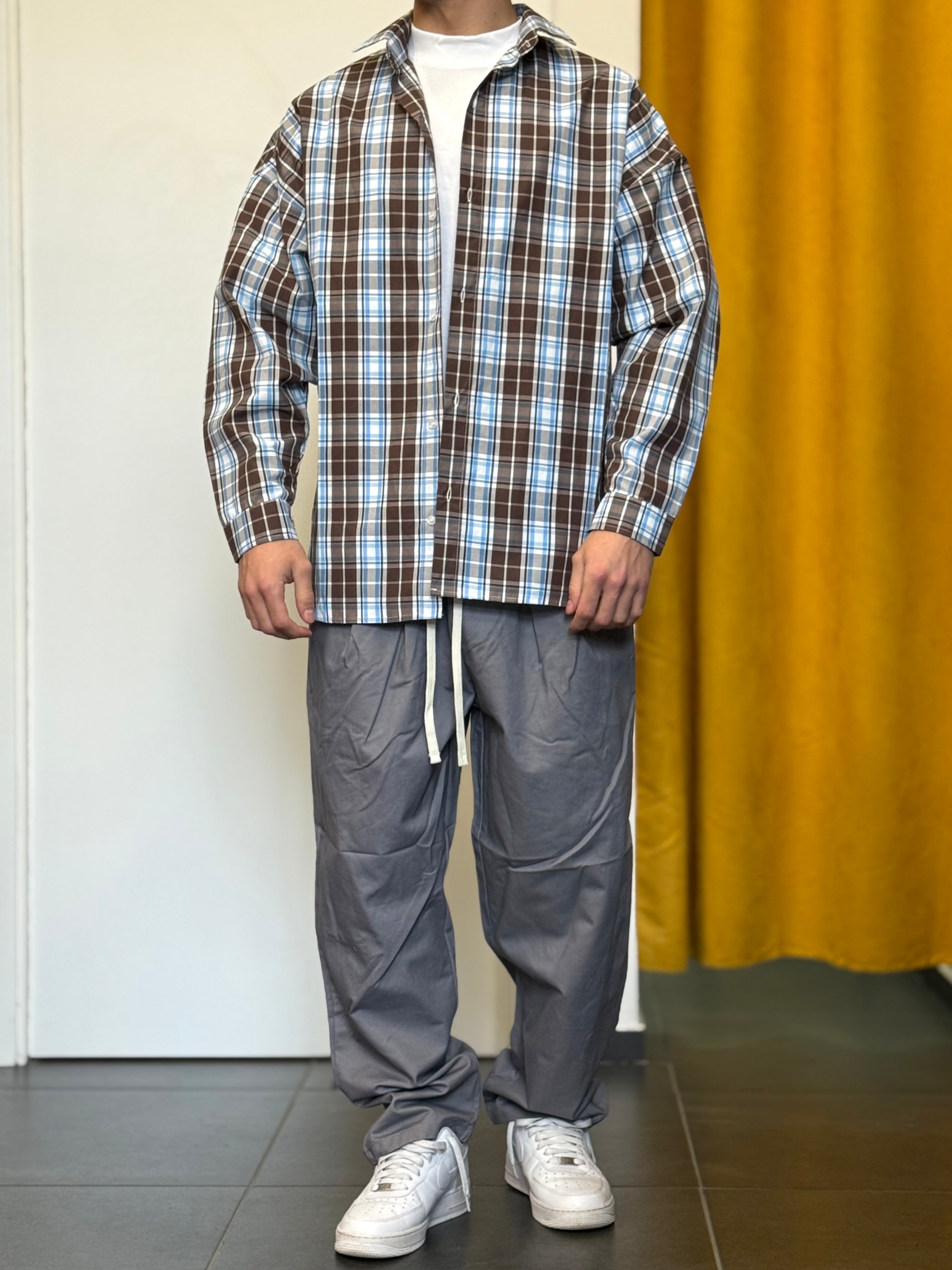 CAMICIA A Quadri OVERSIZE CELESTE/MARRONE