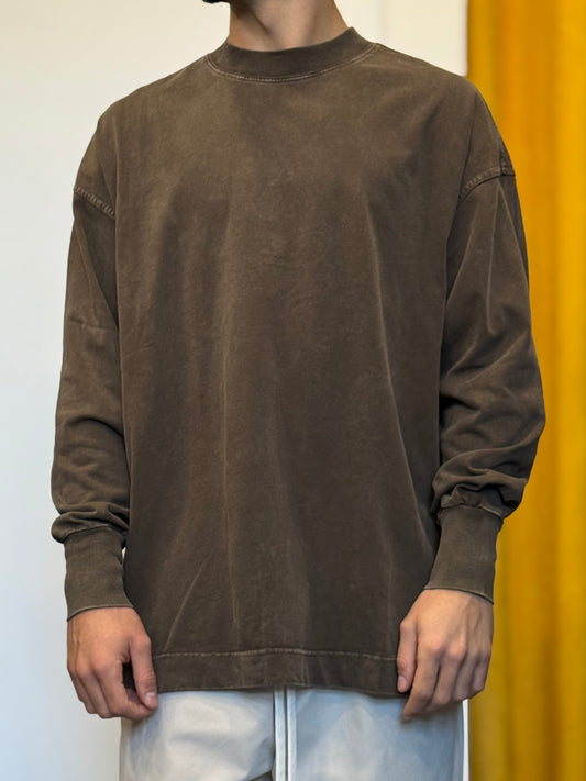 T-SHIRT PREMIUM Maniche Lunghe Slavato MARRONE